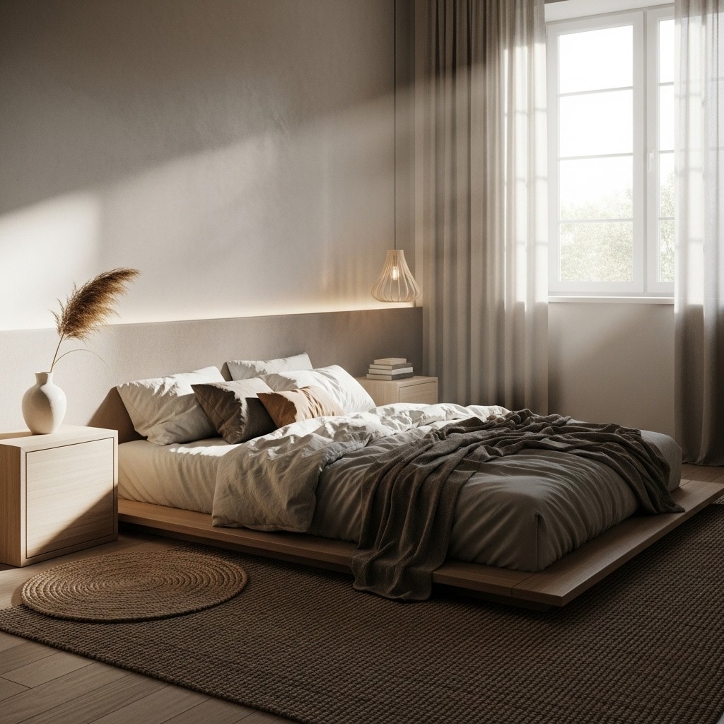 Japandi bedroom concept with a low bed, natural textures, and serene neutrals.