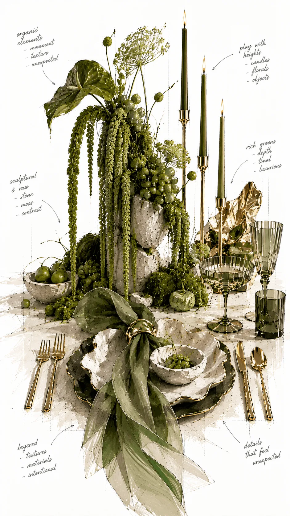 Green tablescape concept with trailing amaranthus, candles and gold cutlery
