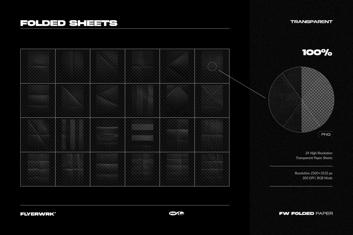 Folded paper sheets set with twenty four high resolution transparent PNG textures and realistic creases