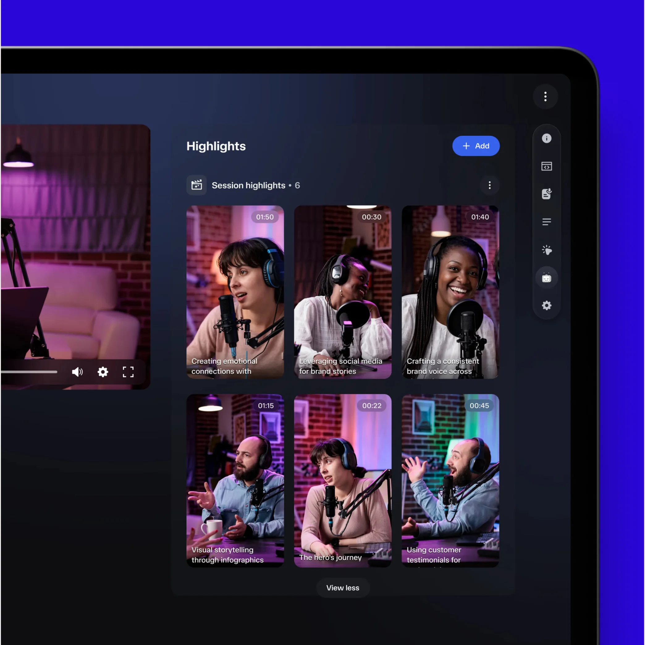 BrandTV Highlights UI showing a grid of six video clip thumbnails with timecodes