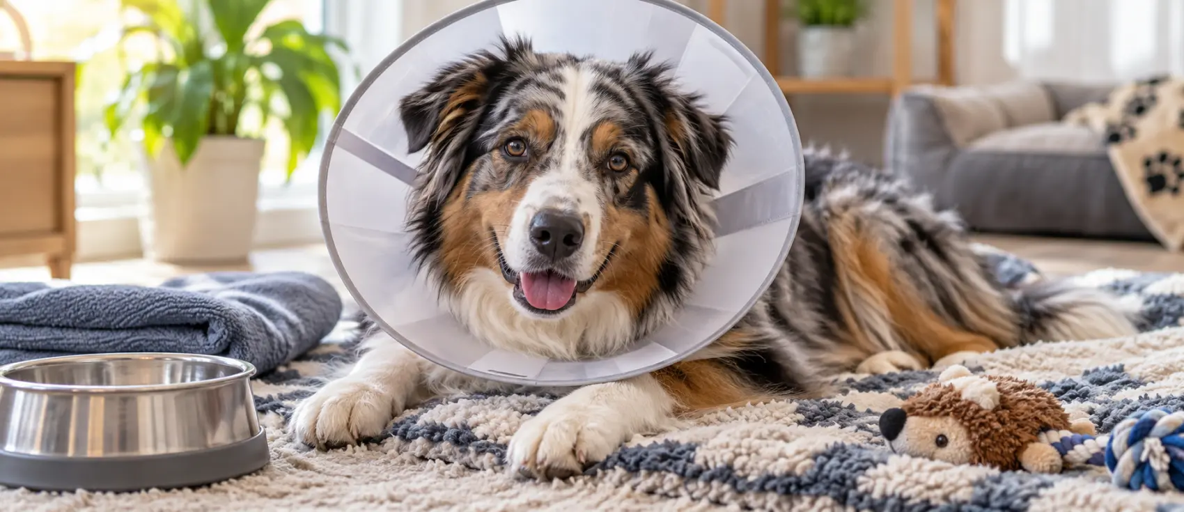 Australian shepherd wearing a protective cone while resting on a rug at home.