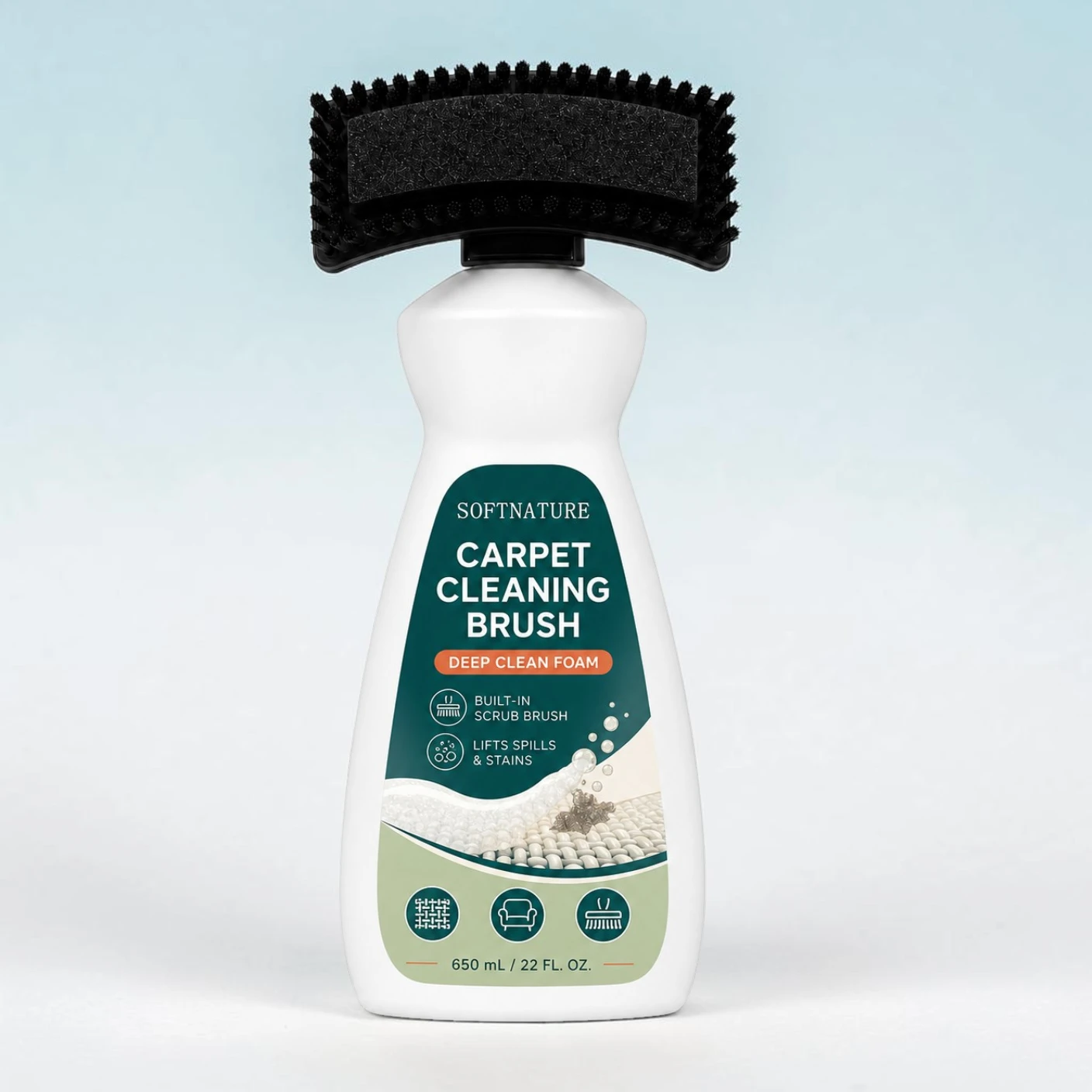 Private label carpet cleaning brush with integrated cleaning solution applicator