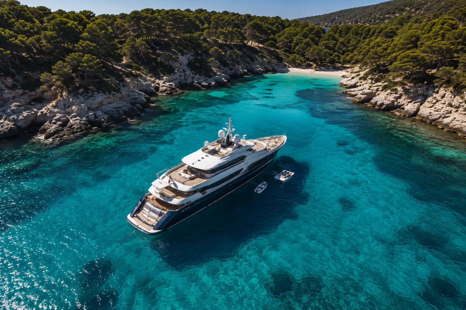 Yacht charter de luxe au mouillage dans une crique méditerranéenne turquoise, capturé par drone.
