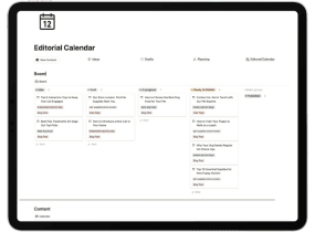 Screenshot of the main page of Editorial Calendar in Notion Template, where you can see a list of buttons Ideas, Planning, Draft and a calendar with the content that is already scheduled.