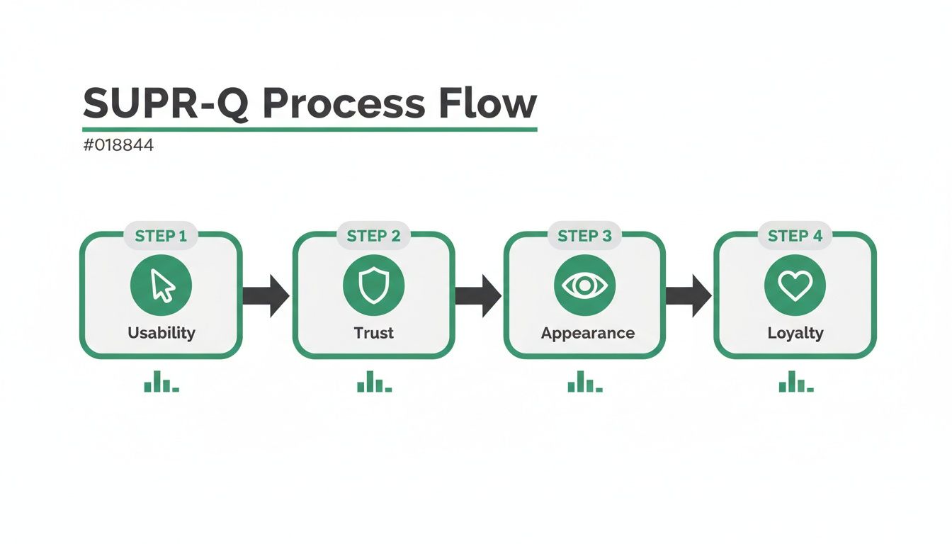 A four-step SUPR-Q process flow depicting usability, trust, appearance, and loyalty with icons.