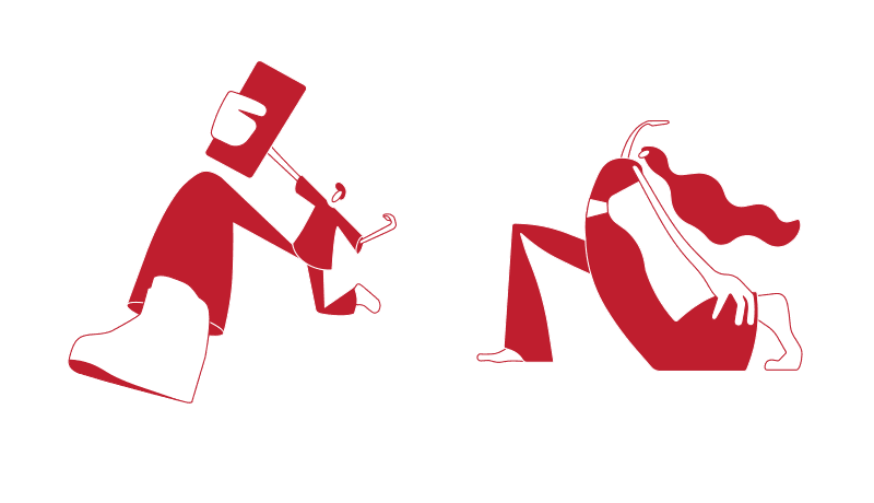 stylised illustrated figures holding a phone and doing yoga