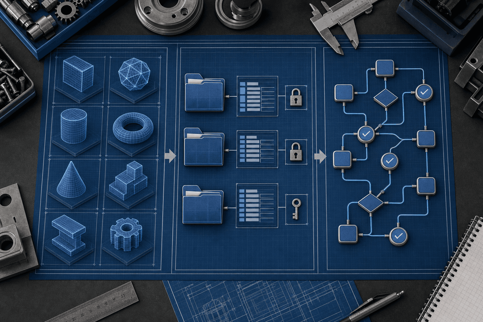 A top-down view of an engineering workspace showing three distinct zones arranged in a clean progression: the first zone contains abstract geometric shapes representing synthetic test models, the second zone shows organized folders and structured data layouts with access control symbols like locks and keys, the third zone displays interconnected workflow nodes and approval checkpoints, all rendered in a technical blueprint aesthetic with deep blue tones and precise linework, no people, no text, photorealistic industrial design style