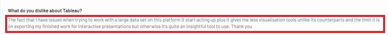 Tableau user review mentioning performance issues with large datasets and limitations in exporting visualizations