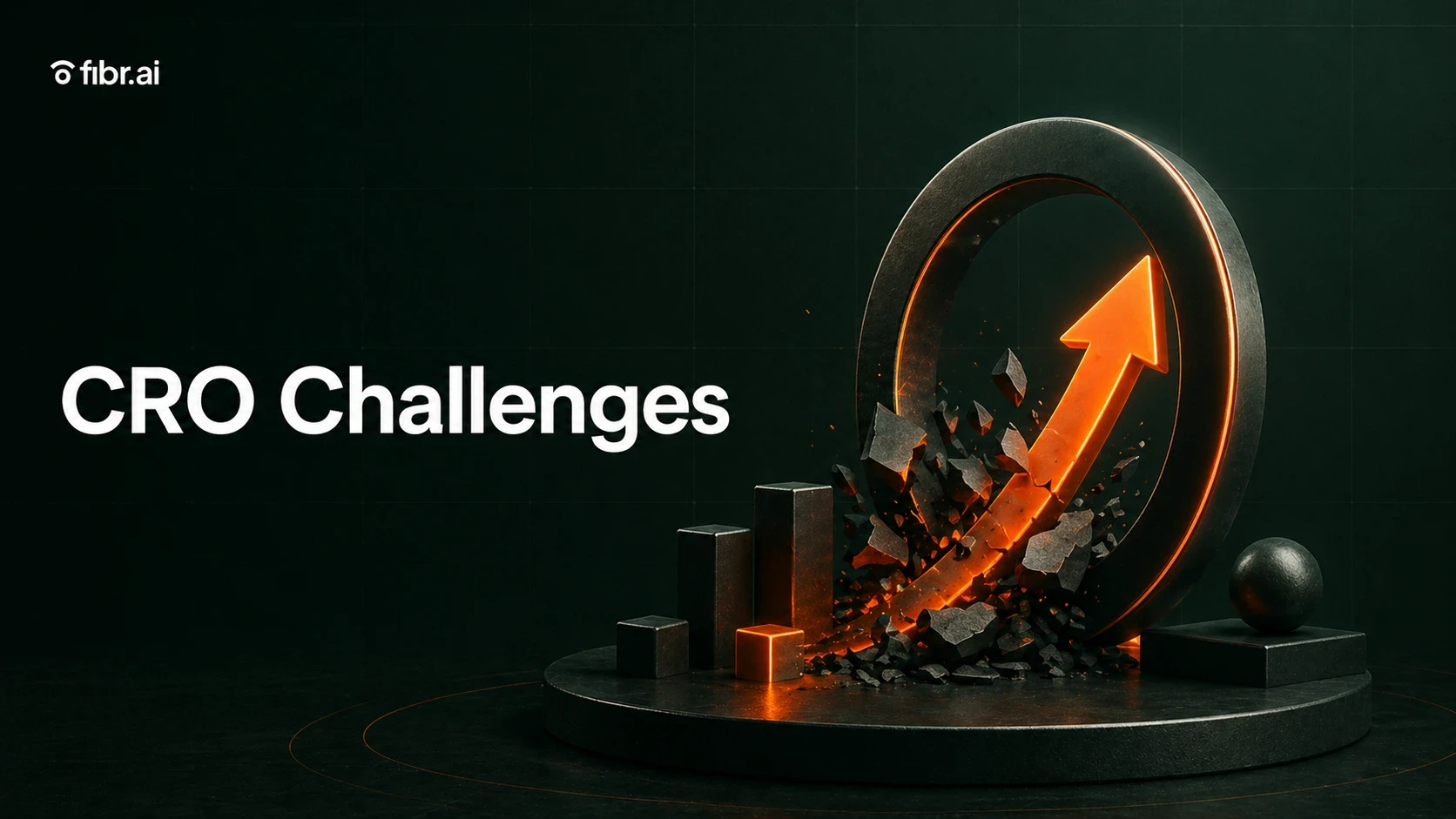 Futuristic CRO blog cover showing a glowing upward arrow breaking through obstacles beside a mobile interface, symbolizing conversion growth and optimization challenges.