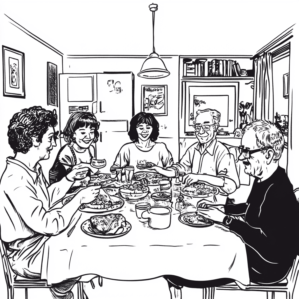 A sketch of Five people sitting around a table 