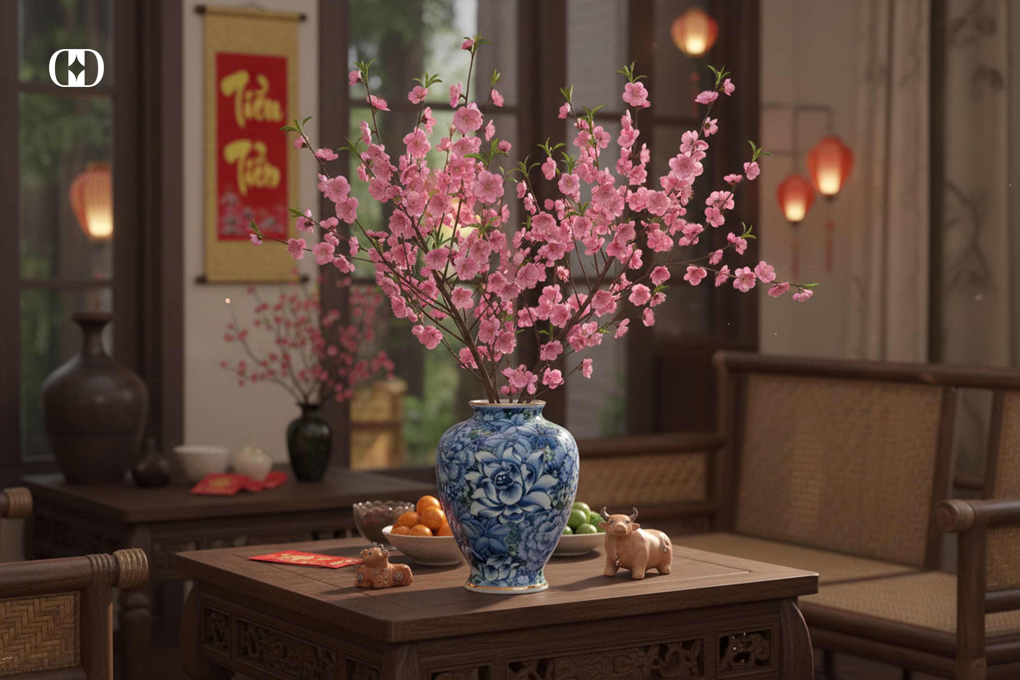 Bình gốm cắm đào