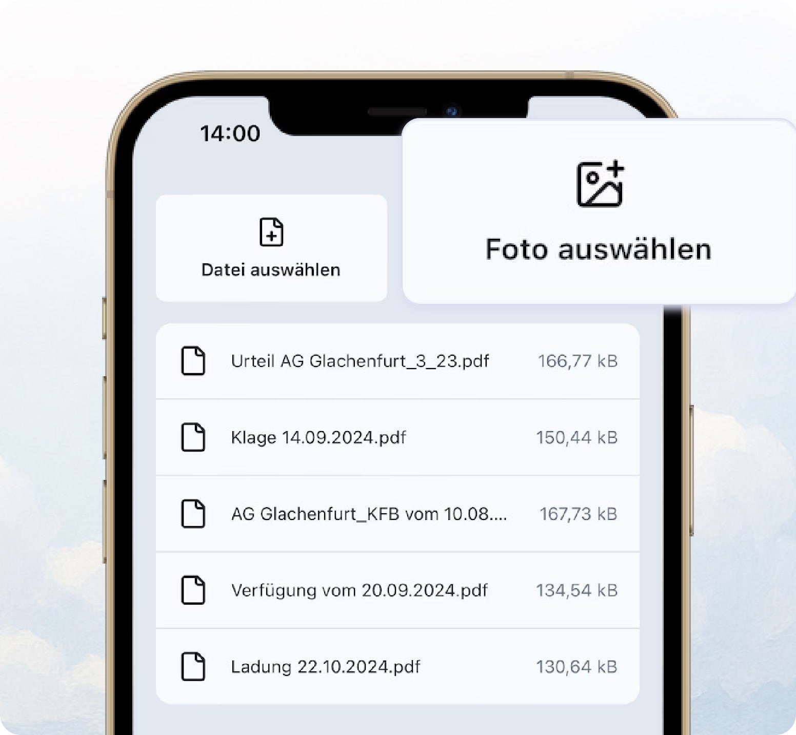 Screenshot der Actaport App mit der Ansich von hochgeladenen Dokumenten