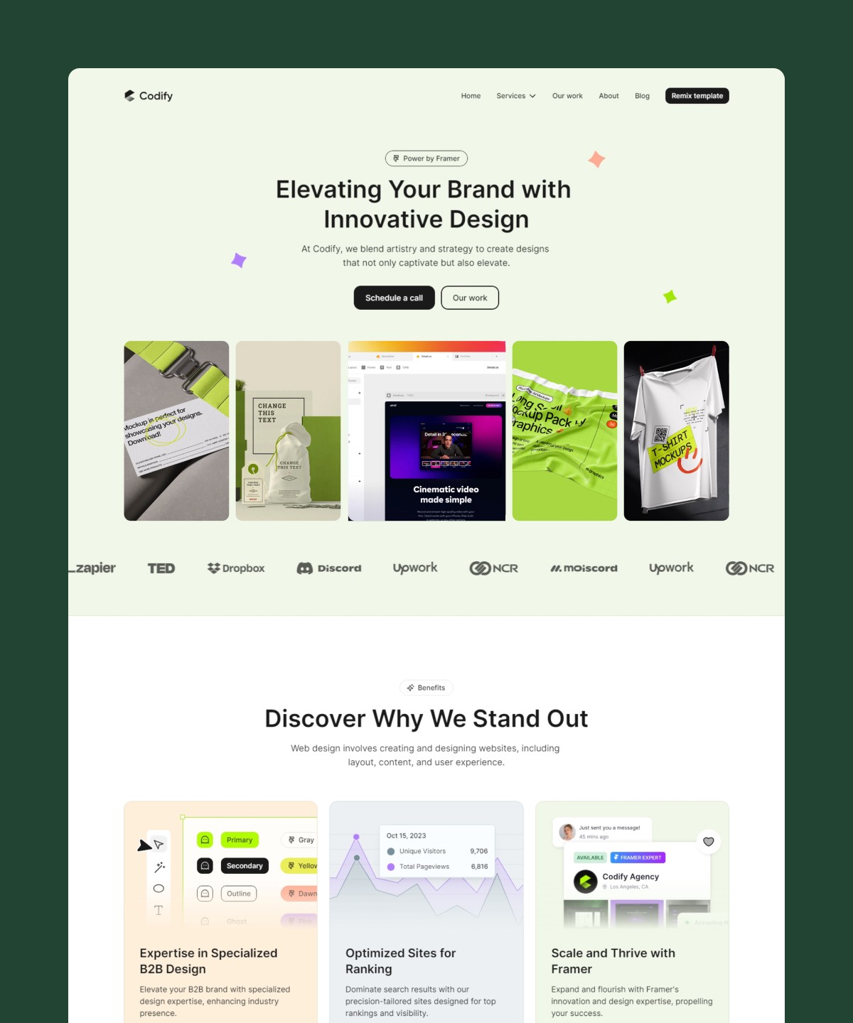 Codify Framer template homepage showcasing clean branding and modern web design with mockups.