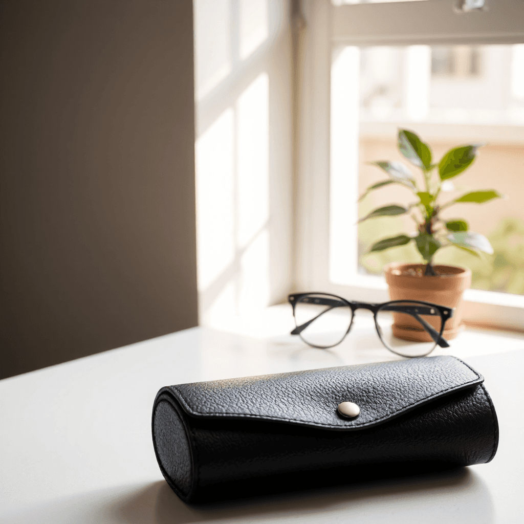 product photography of a black leather case for eyeglasses