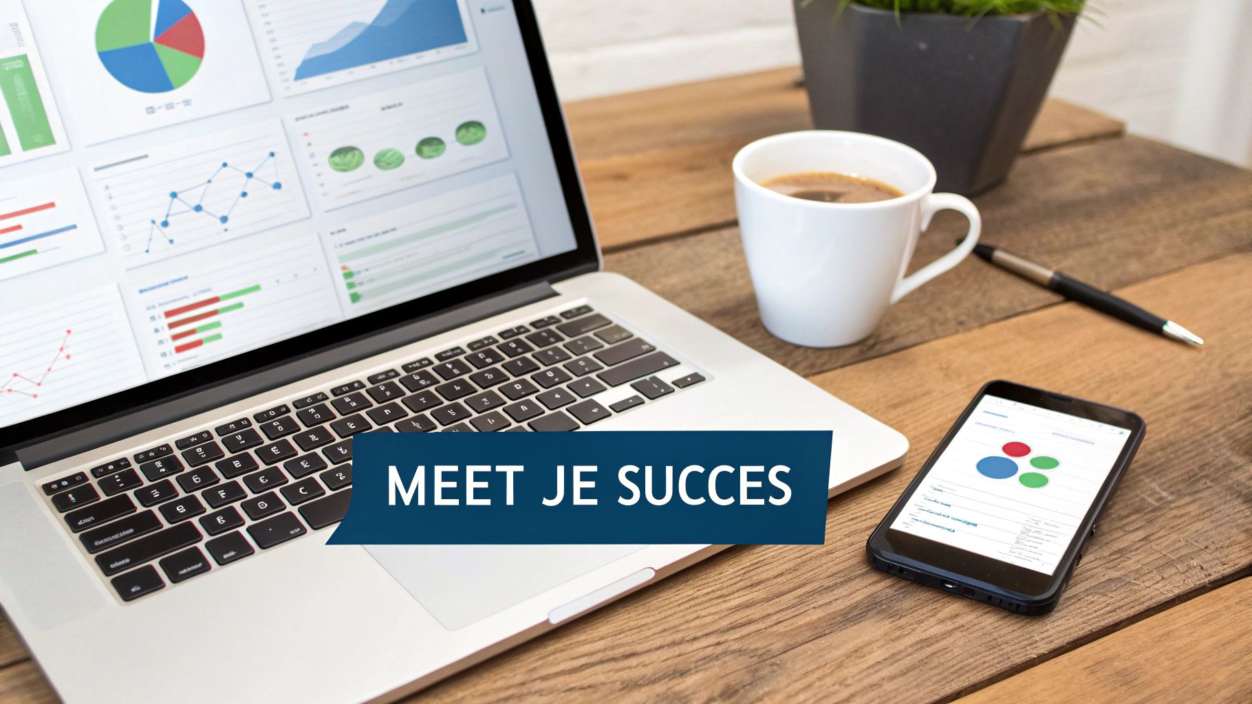 Een laptop en smartphone met grafieken en data, vergezeld van een koffiekop en pen op een houten tafel. De tekst luidt: 'MEET JE SUCCES'.