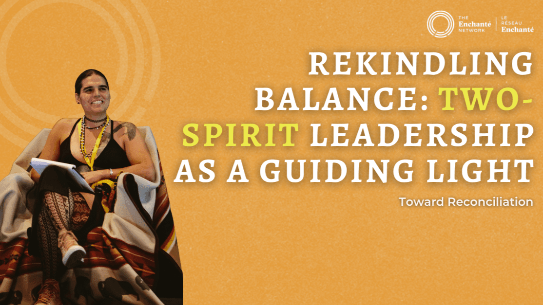 Two individuals dressed in traditional attire against an orange background with text about leadership and balance.