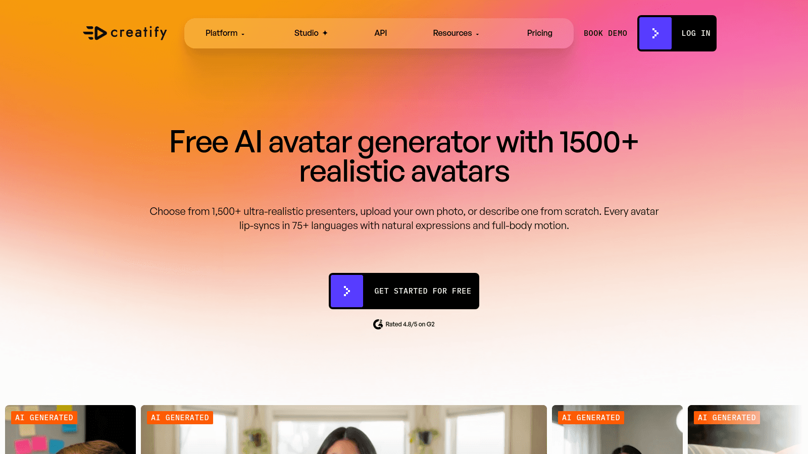 Creatify marketing page for their AI avatar generator featuring a title and a get started button.