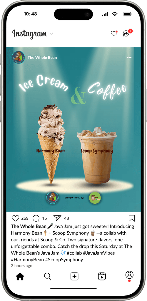 Instagram post on a mobile mockup announcing a collab between The Whole Bean and Scoop & Co. The logo is centered beneath two featured treats—Harmony Bean (coffee-infused ice cream) and Scoop Symphony (vanilla iced coffee). Both debut at Java Jam, a live event celebrating local talent. Logo placement aligns with spacing guidelines, reinforcing flavor, community, and brand unity.