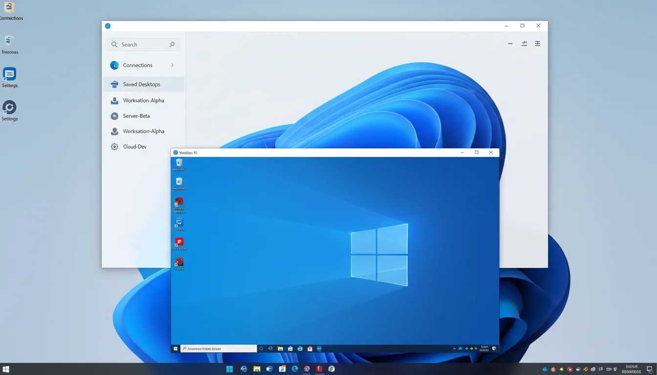 A high-resolution screenshot of a modern Windows 11 desktop with its default abstract blue and yellow 'Bloom' wallpaper. Two application windows are open and layered; the background window is the main Remote Desktop app in a clean light mode, featuring a left sidebar with UI elements and placeholder text. The foreground window is an active remote session displaying a full Windows 10 desktop, which has its own classic bright blue wallpaper with a subtle window logo and a taskbar at the bottom with abstracted icons.