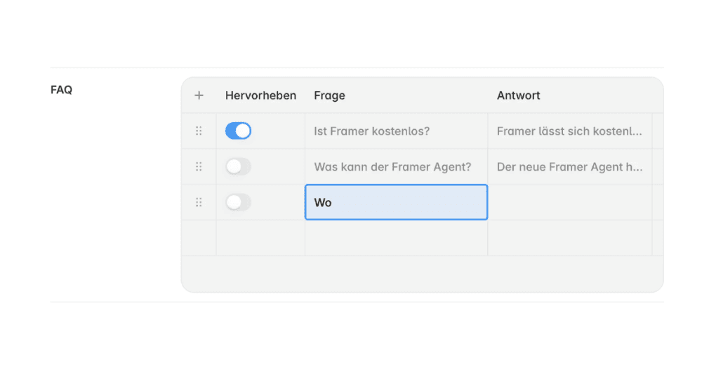 Screenshot der Inline-Bearbeitung eines Eintrags im Framer CMS Listen-Feld.