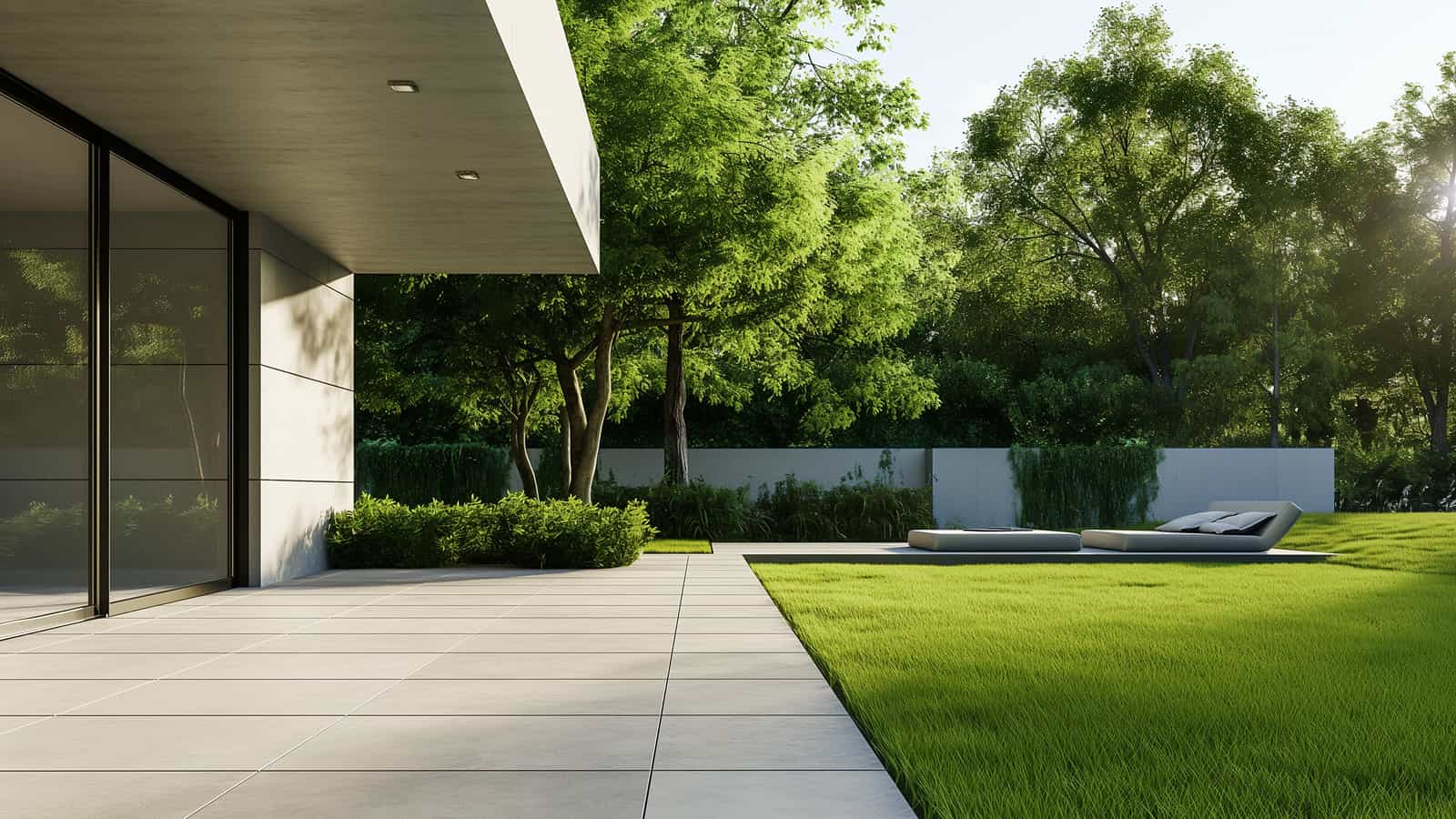 Modern patio with lawn and trees, structured outdoor space design