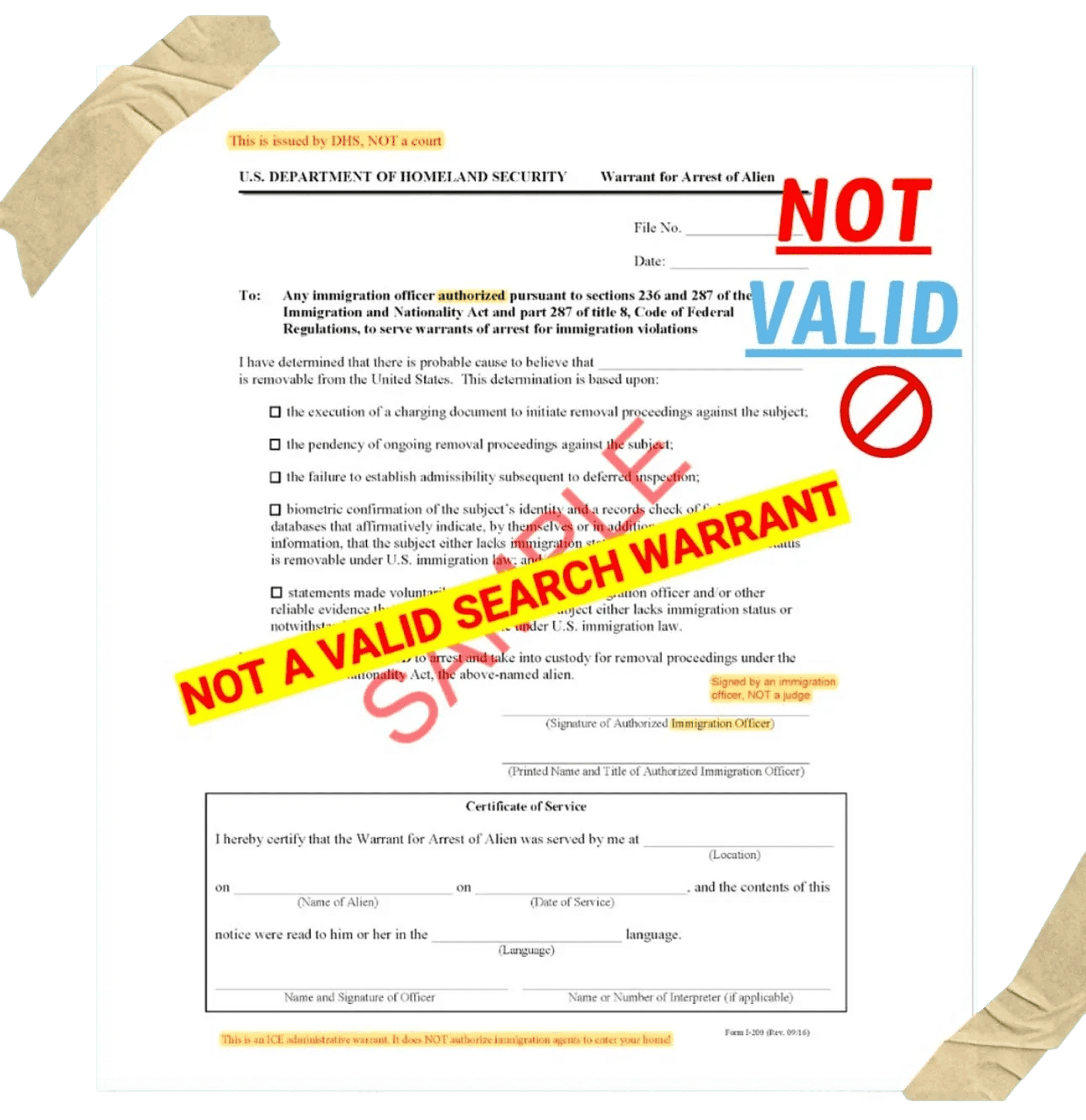 The image displays a document stamped with "Not a Valid Search Warrant" in bold red letters, featuring official headers and annotations, highlighting its lack of authenticity for immigration enforcement purposes.