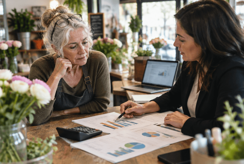 Florist shop owner going over numbers with a marketing consultant at her counter