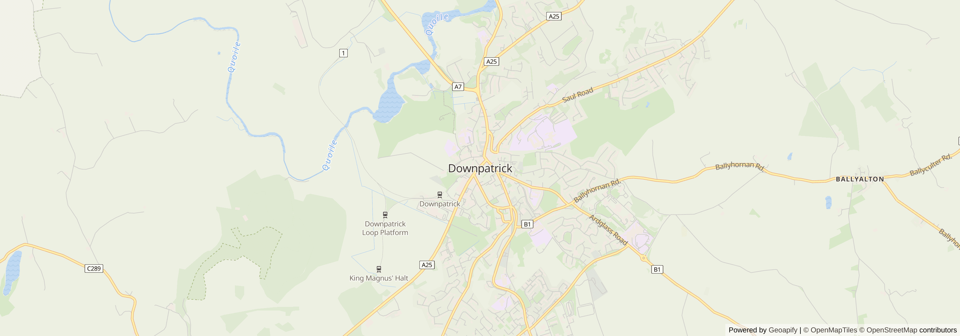 Street map of Downpatrick, County Down showing main roads and nearby areas