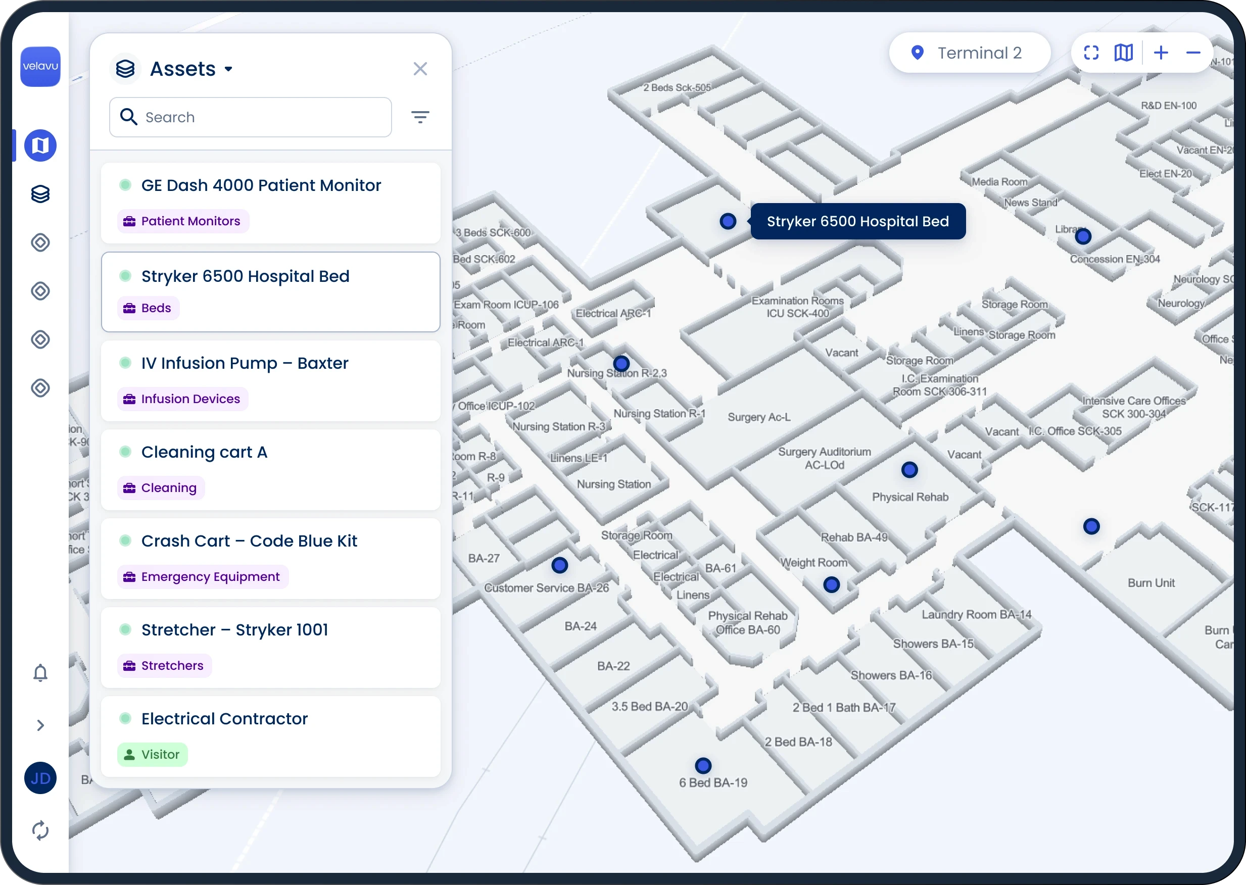 User interface showing asset location in a hospital