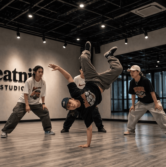 Four dancers showcase a breakdancing move in a studio with wooden floors and bright lighting.