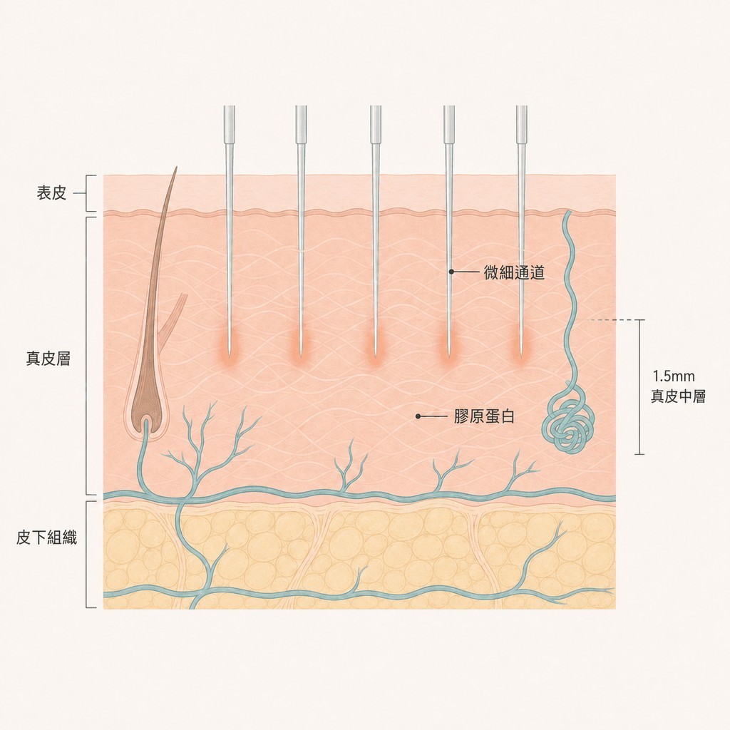 微針形成的通道以及傳遞至真皮的射頻熱能