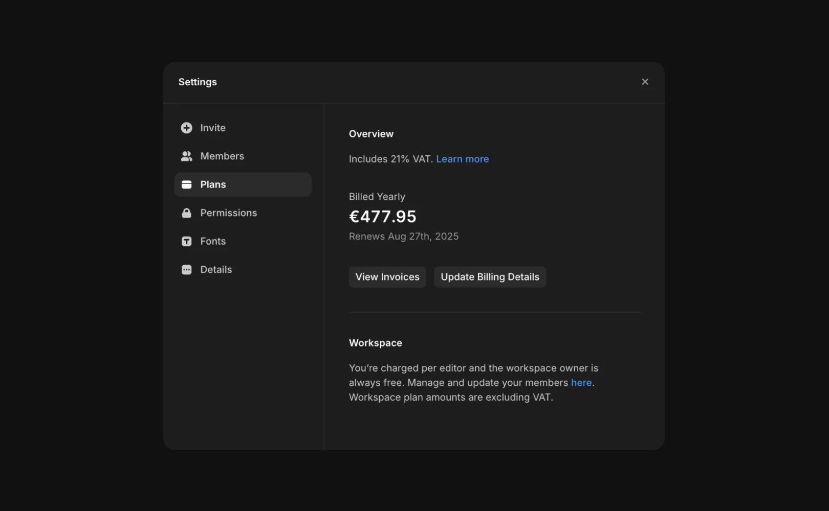 Framer의 Setting 창에서 영수증을 확인하는 방법을 안내합니다.