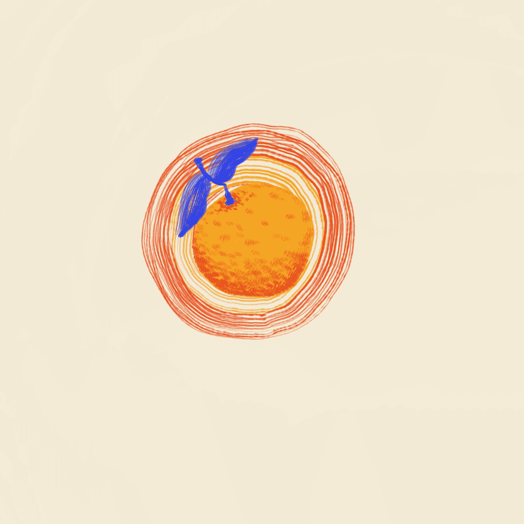 Woman holding a blue handheld mirror against a solid orange background