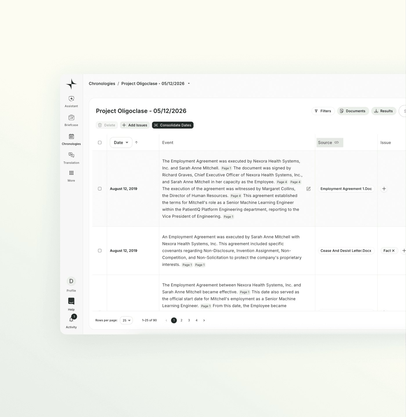 Each material event references to the source document