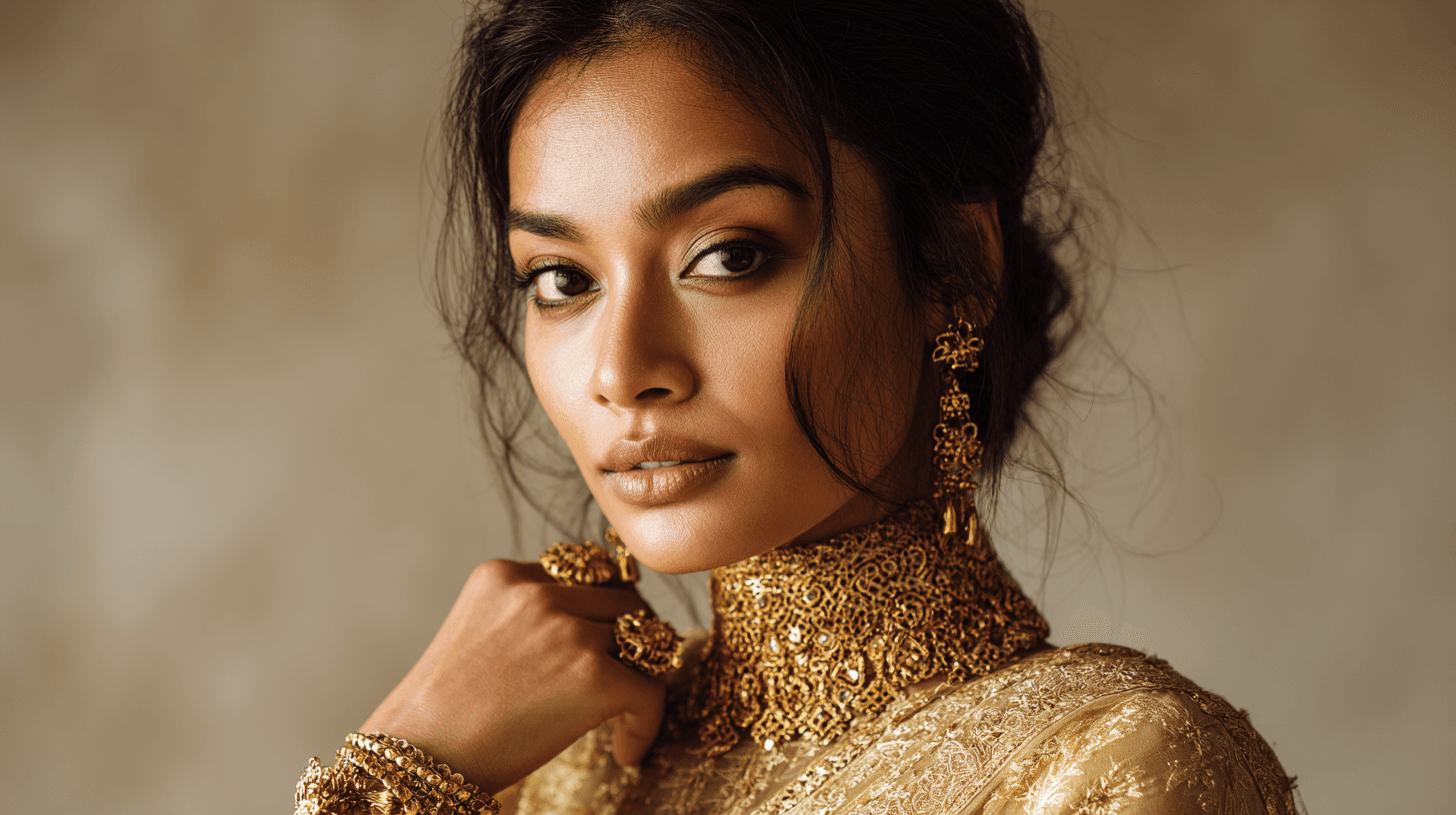 a closeup of a model wearing rich jewlery