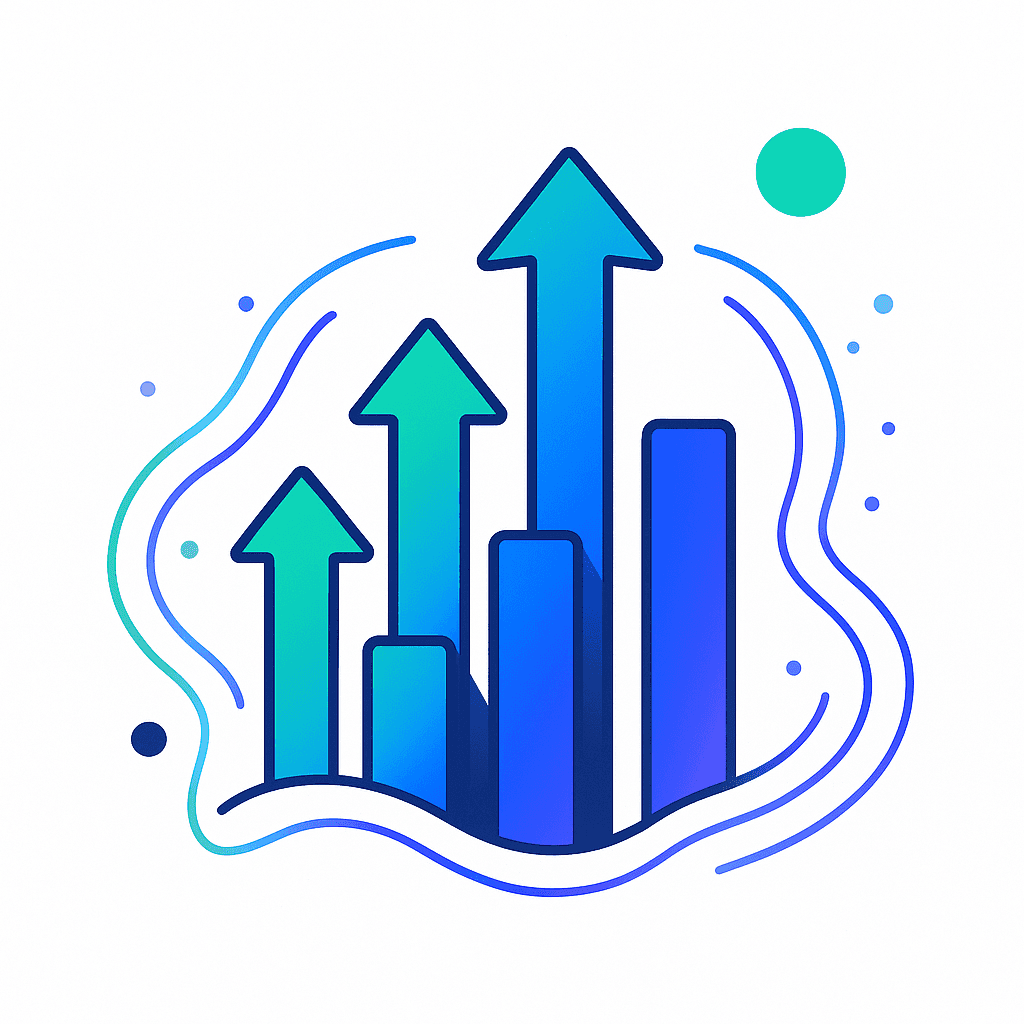 Illustration of upward arrows and bar charts with flowing digital lines, symbolizing business growth and scalability, in Zuvtor brand-inspired colors on a white background.