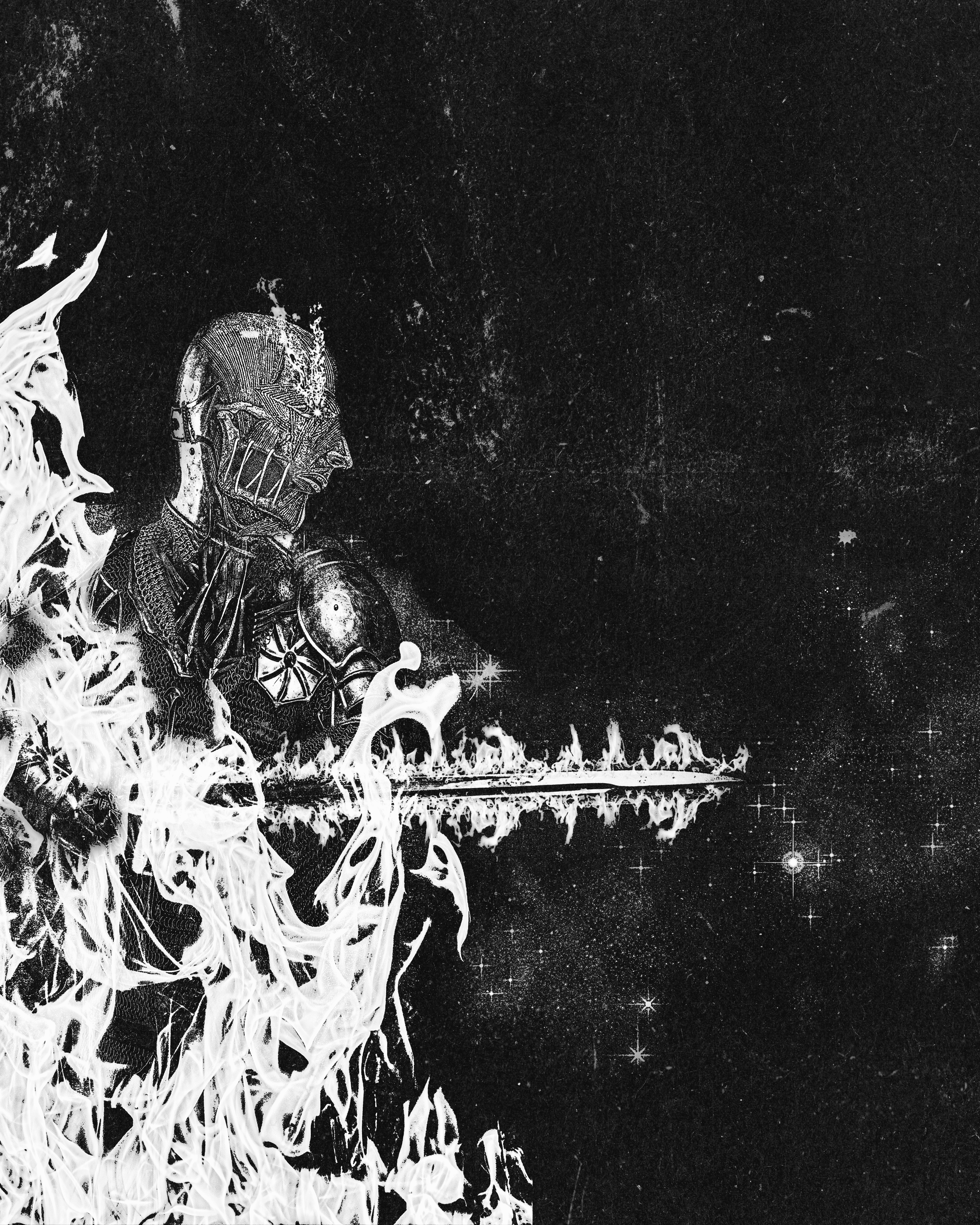 flaming knight with a flaming sword with a cosmic background of stars and galaxies
