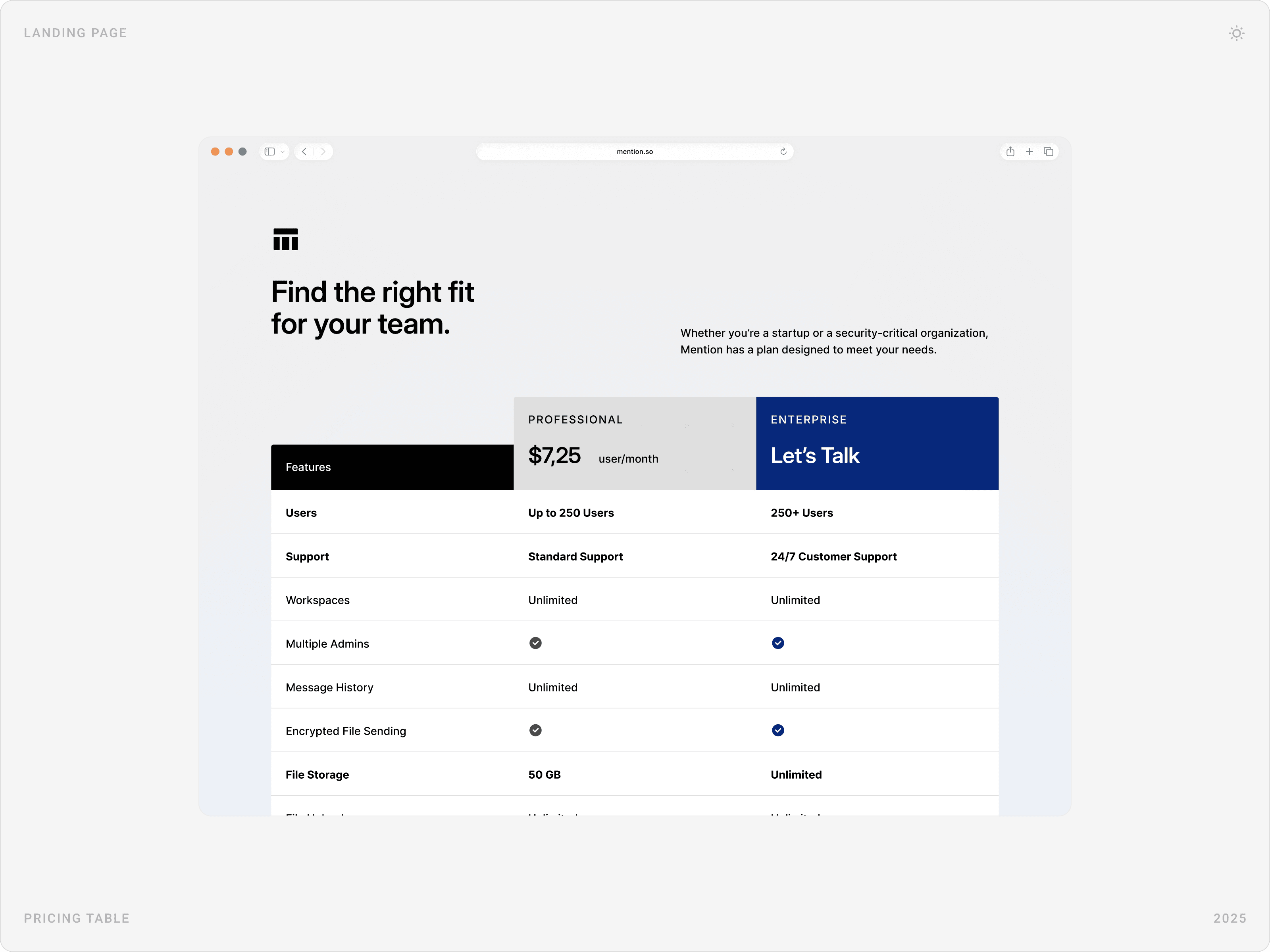 Professional B2B Pricing Comparison Table Design