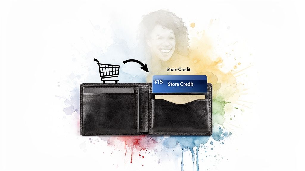 A black wallet holds a blue $15 store credit card, with a shopping cart icon and arrow.