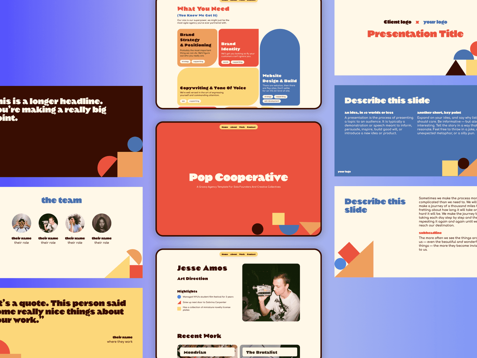 A grid of desktop screens and slides showing pop cooperative brand and web design by raedio design