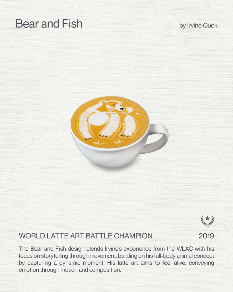A latte art design featuring a bear and fish, showcasing intricate patterns created in foam atop a coffee drink, accompanied by text highlighting the artist and championship achievement.