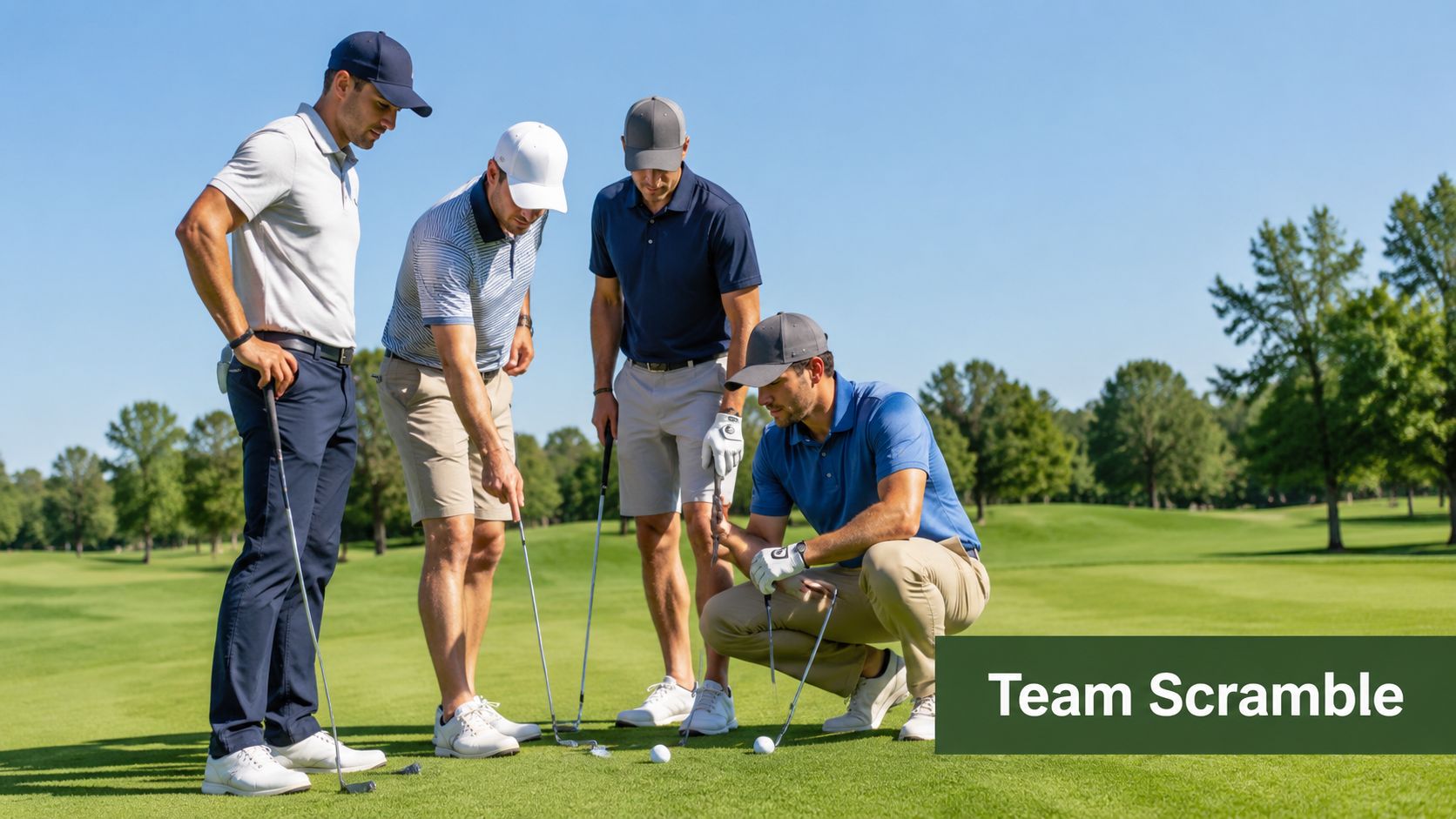 Four golfers standing on a green discussing their strategy during a team scramble golf match.