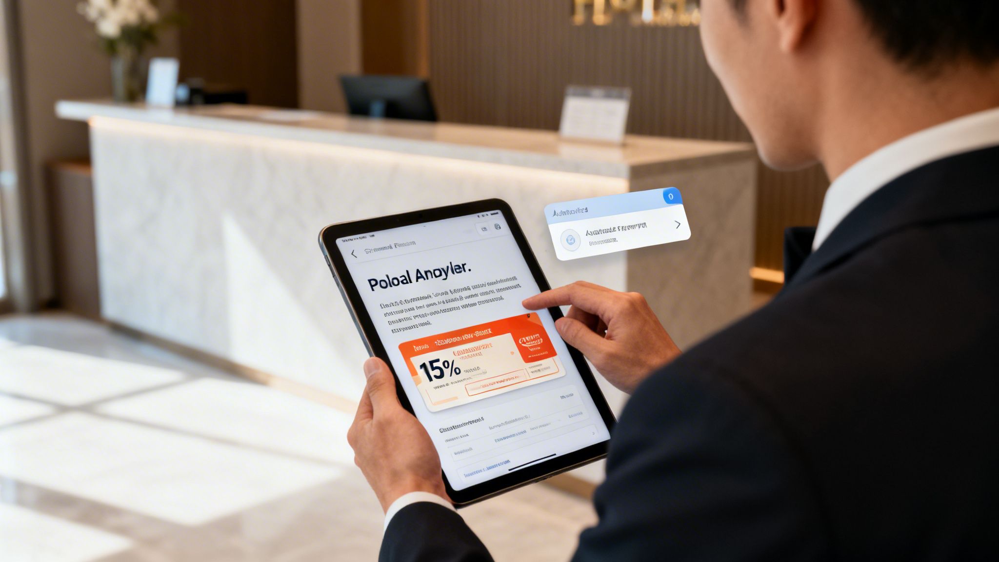 A business professional interacts with a tablet showing a promotional offer in a modern hotel lobby.