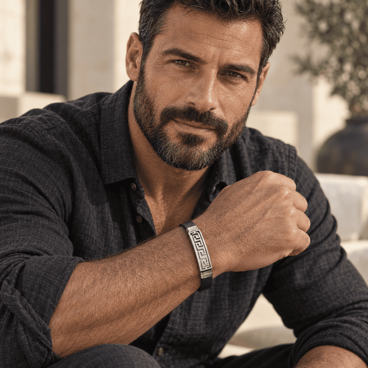 Homem usando pulseira preta com placa prateada e desenho geométrico da linha masculina Lux Lasai