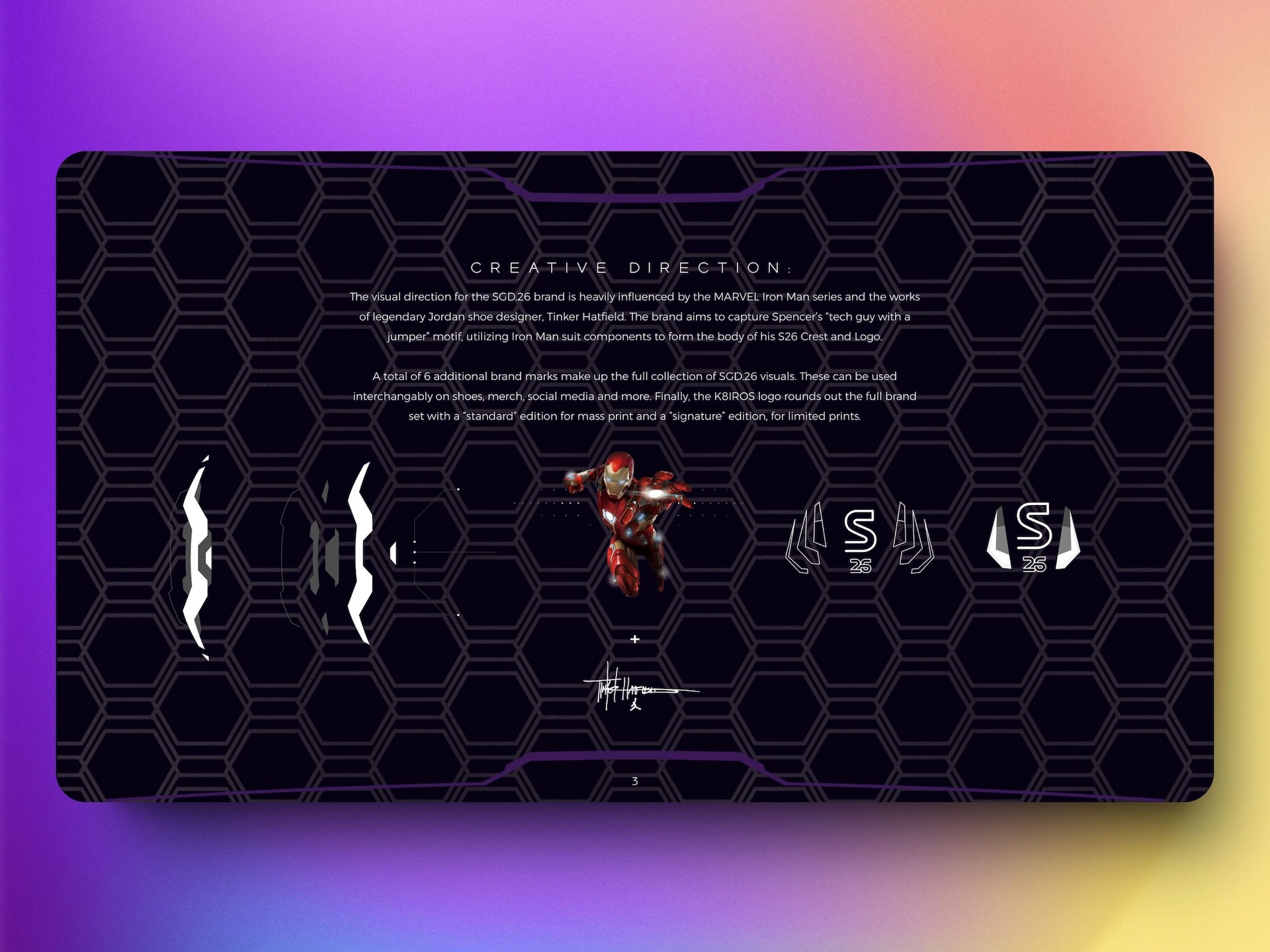 SGD.26 creative direction page showing Iron Man inspired brand elements and Tinker Hatfield influence with S26 logo variations on hexagon pattern