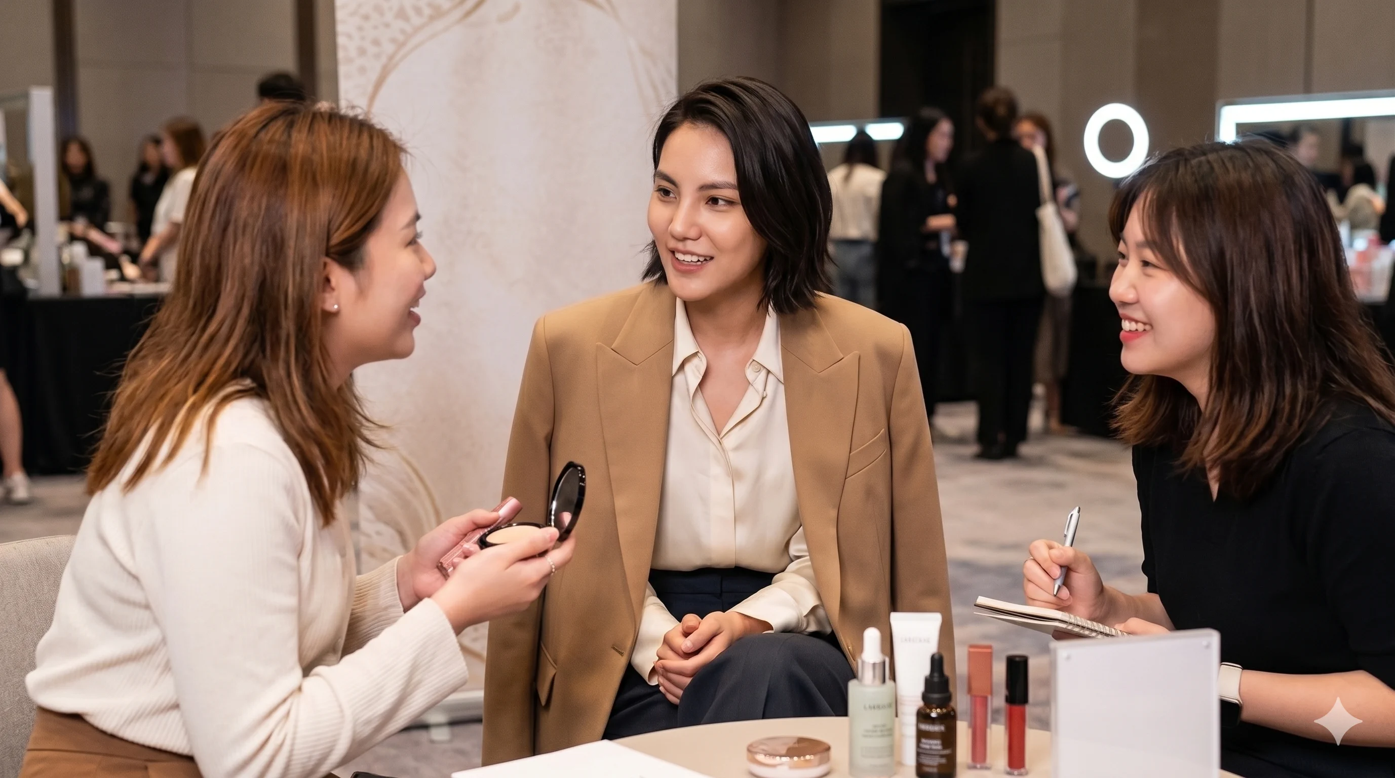 A stylish woman in a beige blazer smiling during a professional meeting or brand collaboration session.