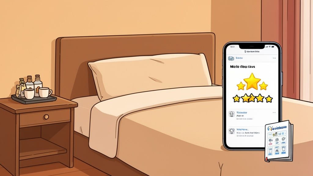 A cartoon-style bedroom with a bed, nightstand, and a smartphone displaying an app with a 3-star review.