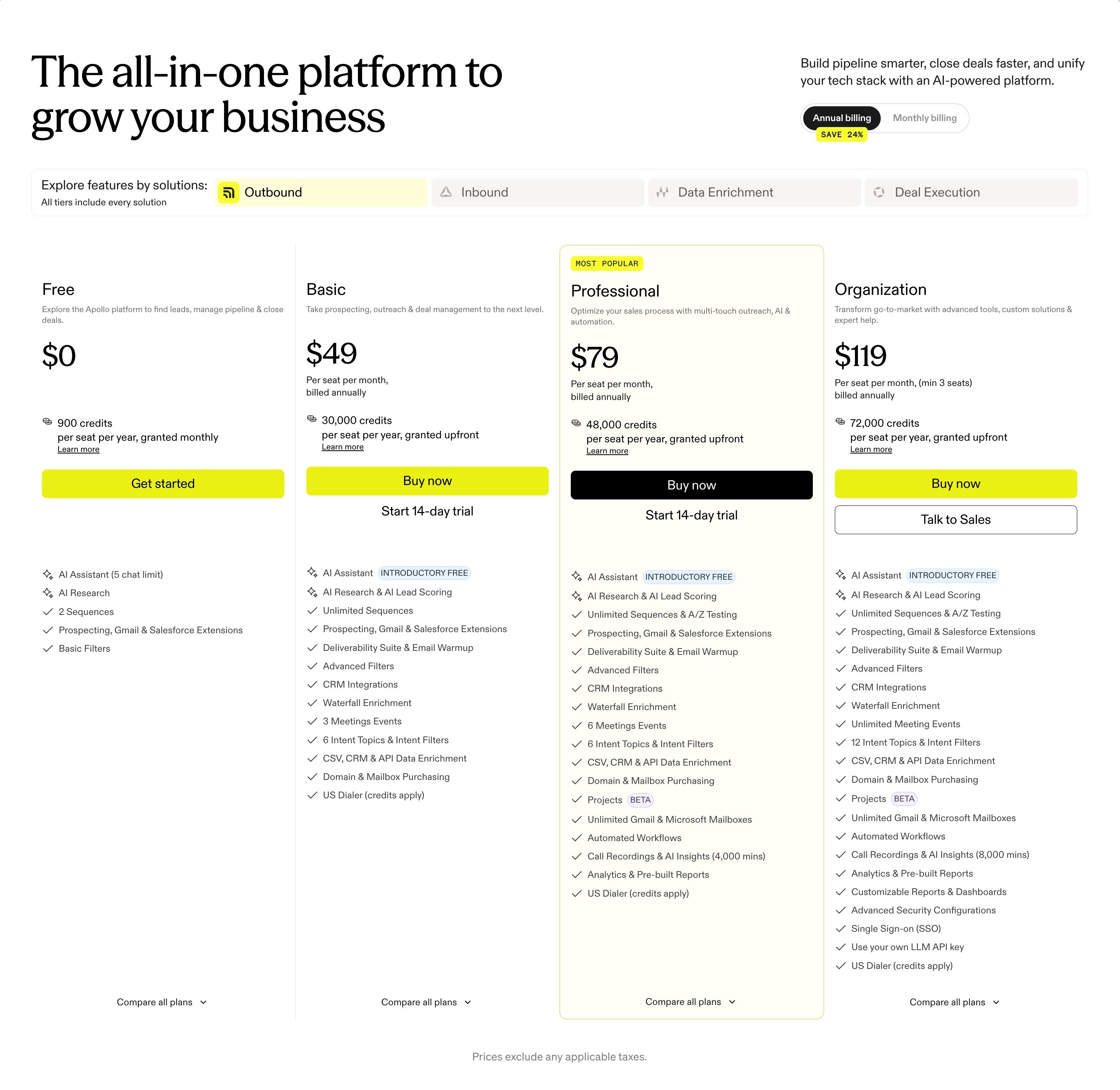 Apollo pricing page 2026 showing Free, Basic, Professional and Organization plan cards with per-user prices.