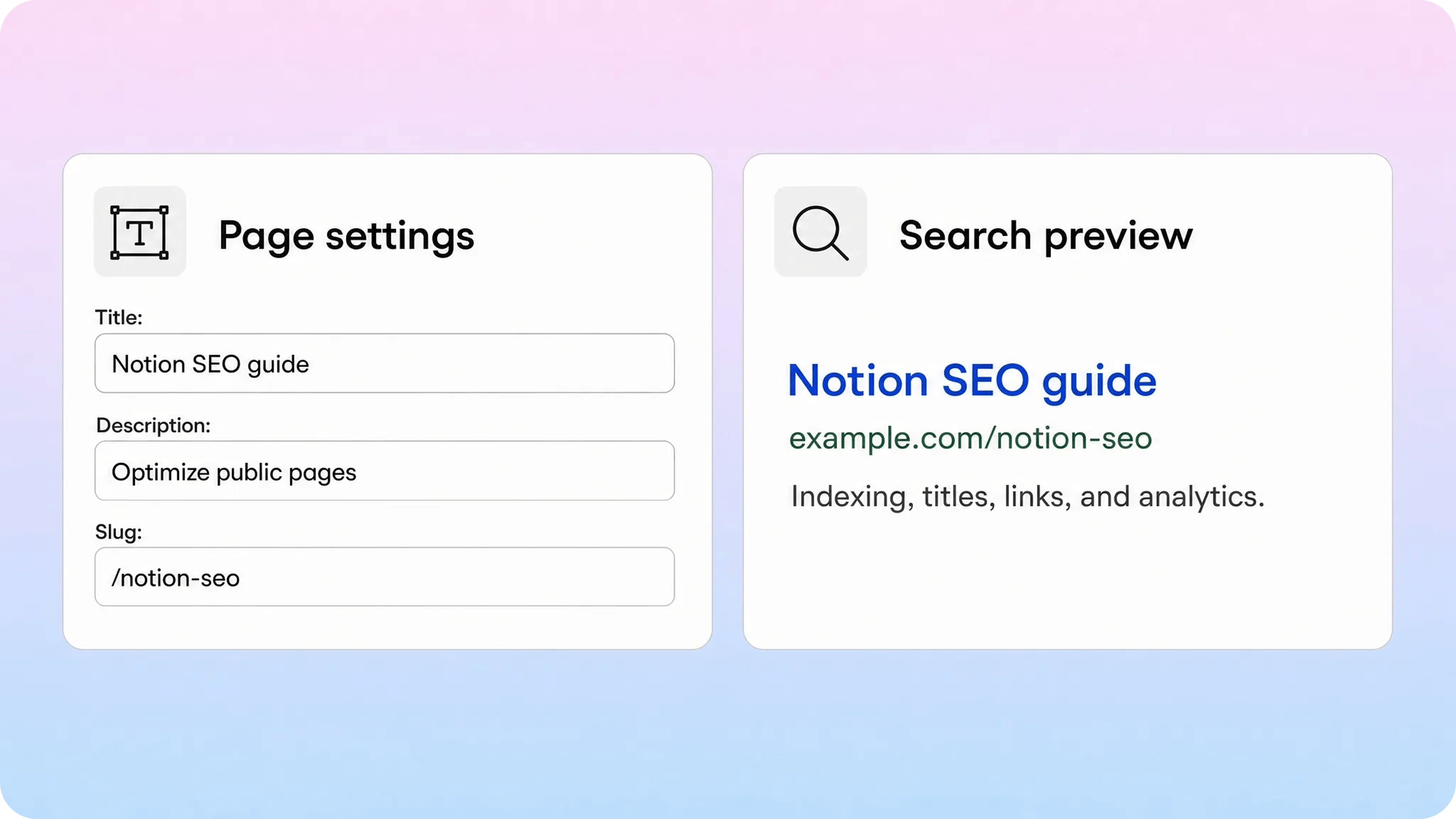 Notion SEO page settings showing title, meta description, slug, and Google search preview