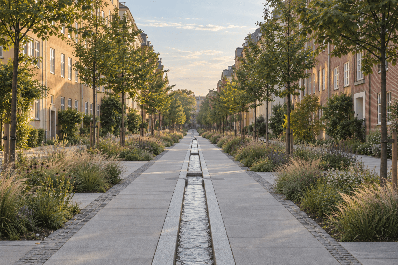 Cloudburst boulevard with a central channel and planted verges, 2020